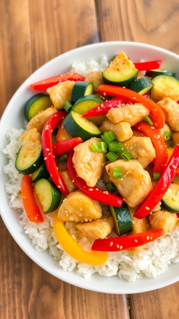 A colorful zucchini and chicken stir-fry served over rice, garnished with sesame seeds and green onions.